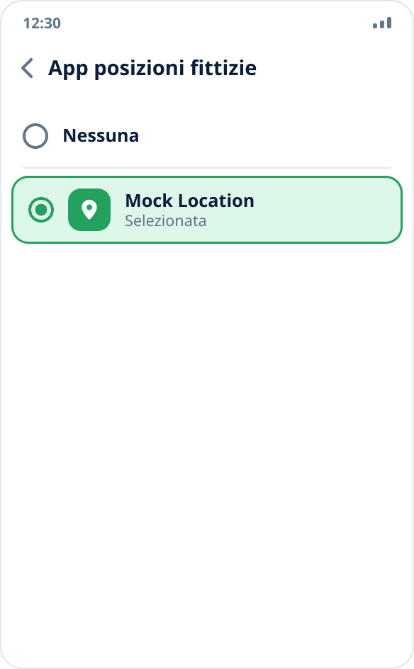 Scelta dell’app per posizioni fittizie: è selezionato Mock Location, l’opzione «Nessuna» non è selezionata