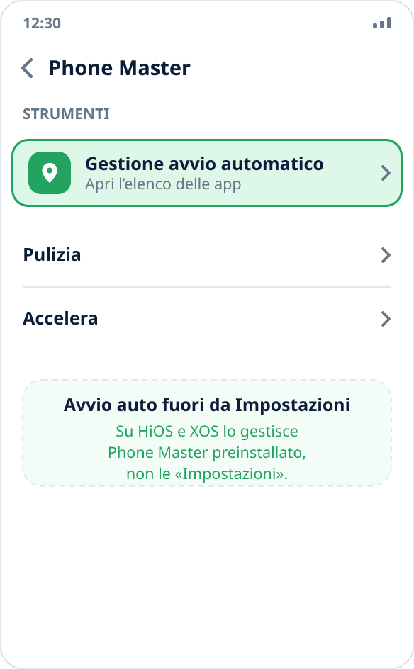 L’app Phone Master su Tecno e Infinix: la sezione «Gestione avvio automatico» con l’interruttore attivo