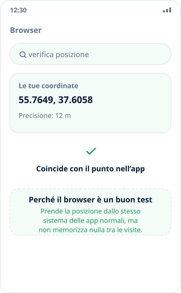 Verifica della posizione nel browser: la pagina mostra coordinate che coincidono con il punto scelto