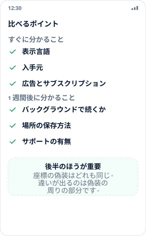 位置偽装アプリを選ぶためのチェックリスト:言語、入手元、バックグラウンドでの動作、場所の保存、広告