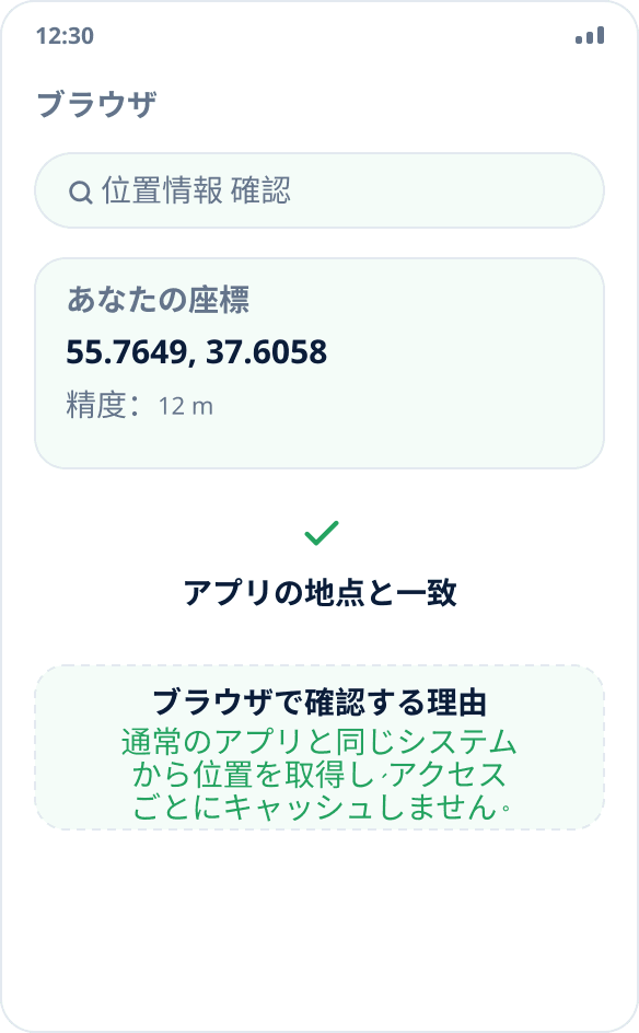 ブラウザでの位置情報の確認:ページに選んだ地点と一致する座標が表示されている
