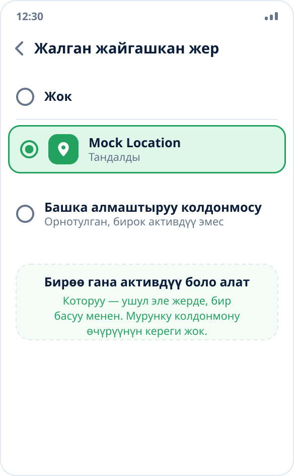 Жалган жайгашкан жер колдонмолорунун тизмеси: экөө орнотулган, бирөө тандалган — тутум бир гана активдүүгө уруксат берет