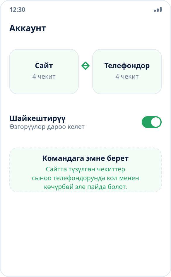 Чекиттер топтомун сайт жана сыноо түзмөктөрү ортосунда аккаунт аркылуу шайкештирүү