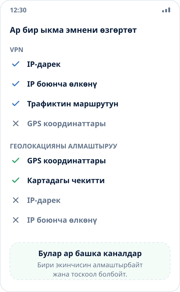 Салыштыруу: VPN IP-даректи жана тармак маршрутун өзгөртөт, геолокацияны алмаштыруу — тутумдун координаттарын