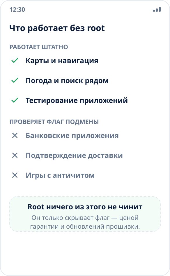 Сравнение сценариев: карты, погода и тестирование работают без root, банковские приложения и античиты — нет