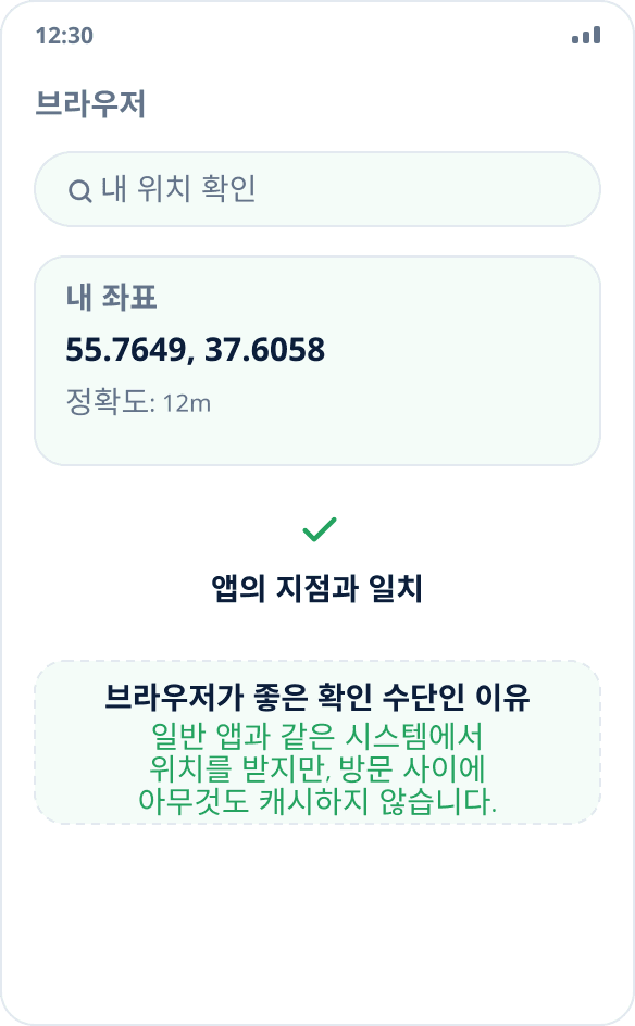 브라우저에서 위치 확인: 페이지에 선택한 지점과 일치하는 좌표가 표시됩니다