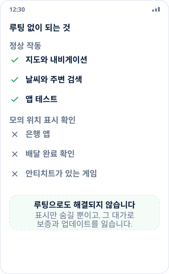 사용 사례 비교: 지도, 날씨, 테스트는 루팅 없이 작동하지만 은행 앱과 안티치트는 그렇지 않습니다