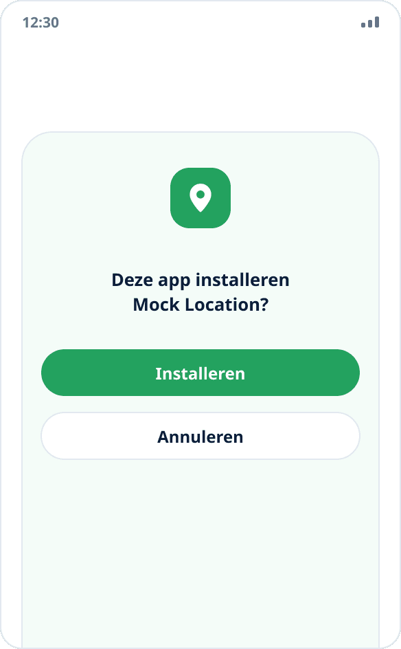 De installatiedialoog van het systeem voor Mock Location met de knoppen ‘Installeren’ en ‘Annuleren’