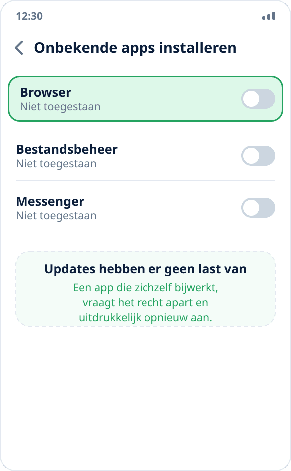 Het recht om uit deze bron te installeren wordt na de installatie van de app uitgezet