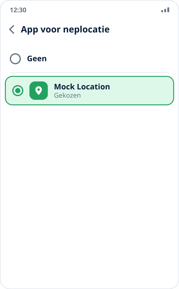 De app voor neplocaties kiezen: Mock Location is aangevinkt, ‘Geen’ is niet gekozen