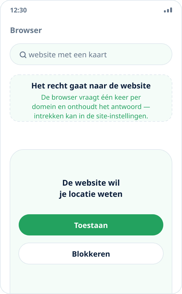 Een browserverzoek om locatietoegang: na toestemming krijgt de website de gesimuleerde coördinaten