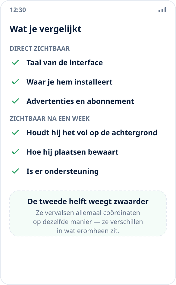 Checklist voor het kiezen van een app voor locatiesimulatie: taal, installatiebron, gedrag op de achtergrond, opslag van plaatsen, advertenties