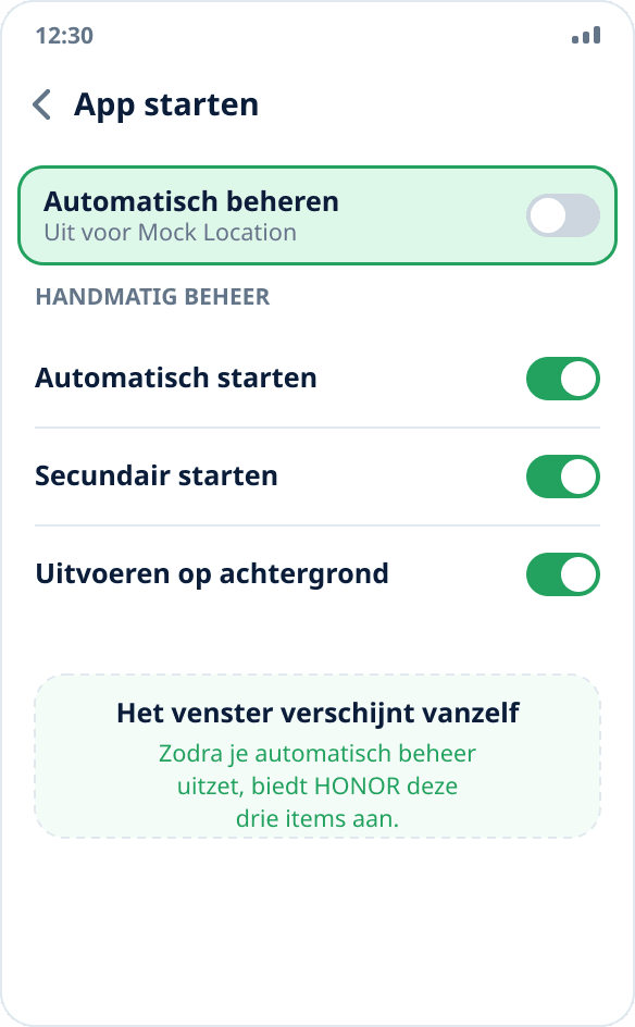 Beheer van het starten van apps op HONOR: handmatige modus met automatisch starten, secundair starten en uitvoeren op achtergrond aan