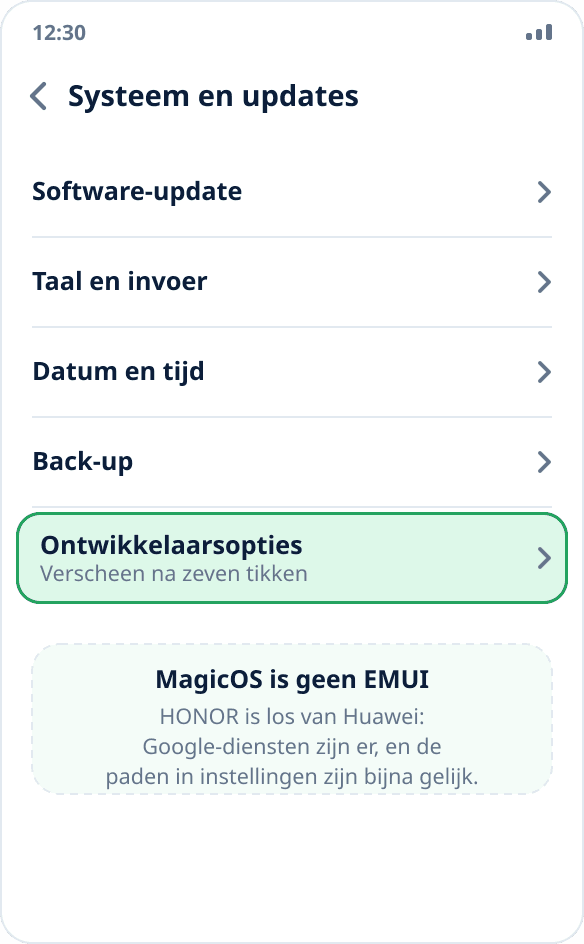 Het onderdeel ‘Systeem en updates’ op HONOR: ‘Ontwikkelaarsopties’ na het aanzetten van de modus