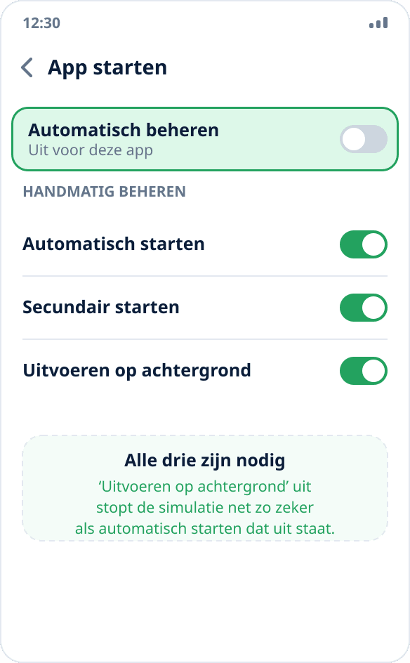 Huawei-instellingen: automatisch beheer van het starten staat uit voor Mock Location, drie schakelaars staan aan