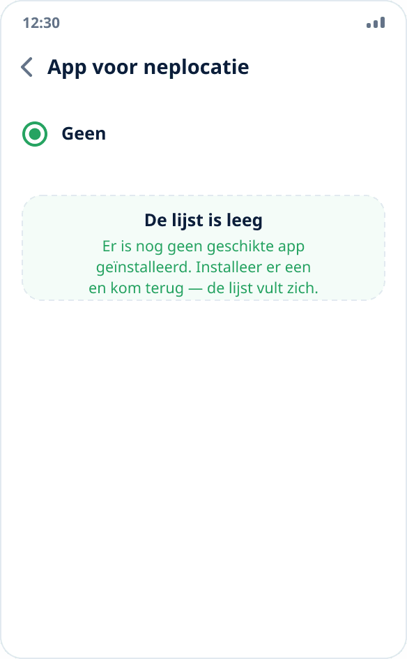 Een lege lijst met apps voor neplocaties: ‘Geen’ is gekozen, er is geen geschikte app geïnstalleerd
