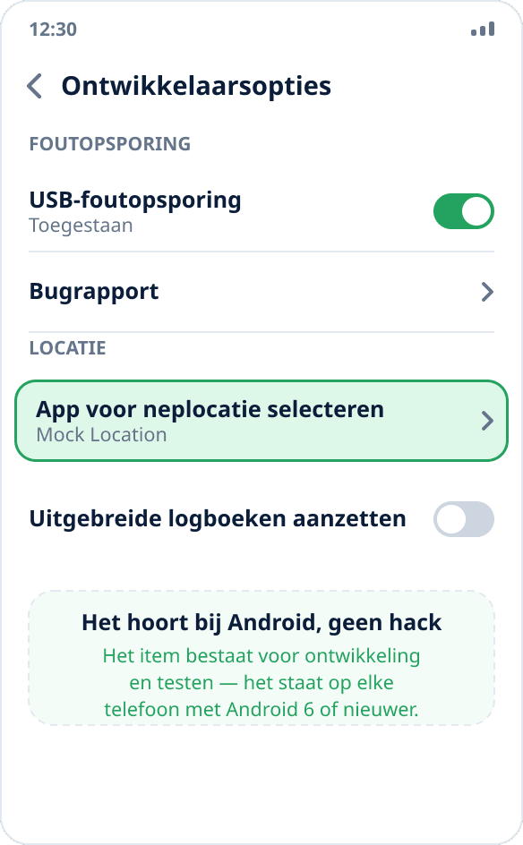 Het item ‘App voor neplocatie selecteren’ in de Android-ontwikkelaarsopties — naast USB-foutopsporing