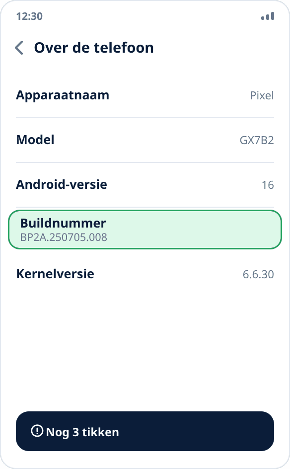Het scherm ‘Over de telefoon’ in de Android-instellingen: het item ‘Buildnummer’ is gemarkeerd, onderaan een hint over de resterende tikken