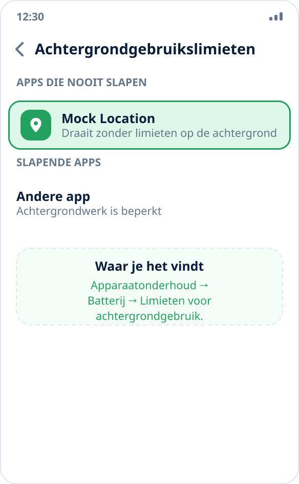 Samsung-instellingen: Mock Location staat in de lijst zonder beperkingen voor achtergrondwerk