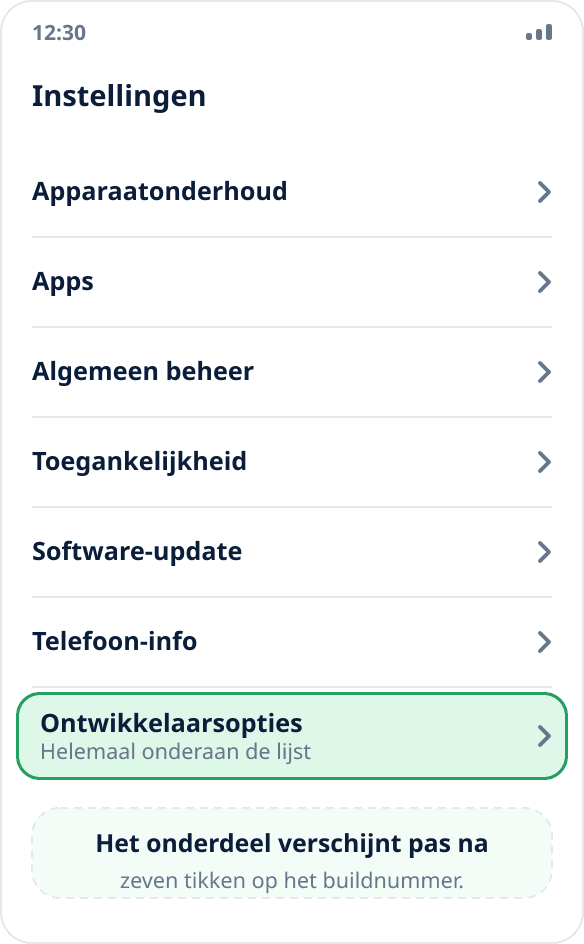 De hoofdlijst van de Samsung-instellingen: ‘Ontwikkelaarsopties’ staat helemaal onderaan