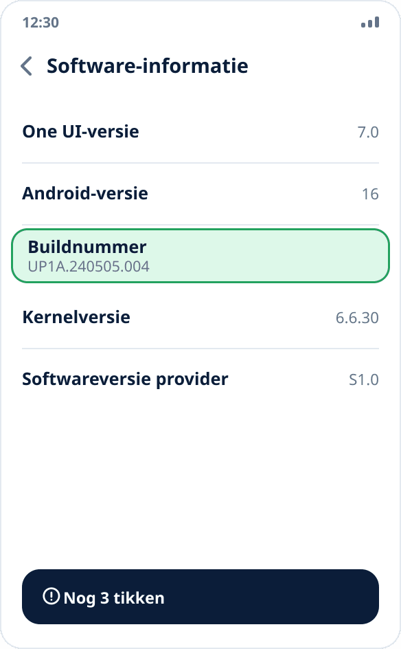 Het scherm ‘Software-informatie’ op Samsung: het item ‘Buildnummer’ waarop je zeven keer tikt is gemarkeerd