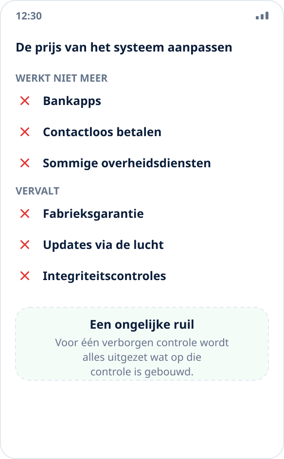 Wat niet meer werkt na het ontgrendelen van de bootloader en root: banken, betalingen, overheidsdiensten, garantie en updates