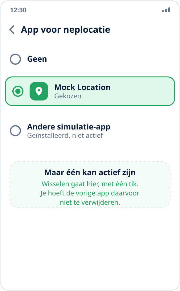 De lijst met apps voor neplocaties: er zijn twee apps geïnstalleerd, één is gekozen — het systeem staat maar één actieve toe