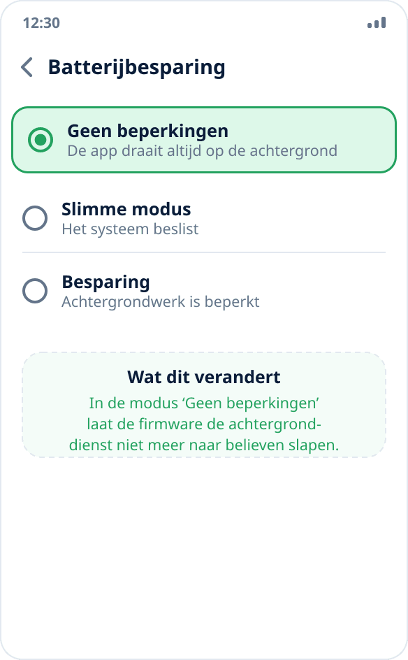 De batterijbesparing van de app kiezen: ‘Geen beperkingen’ is gekozen
