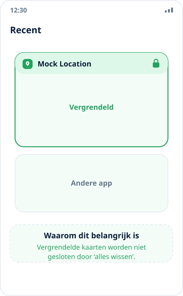 De lijst met recente apps: de kaart van Mock Location is vergrendeld met een slotje en wordt niet gesloten bij het opruimen