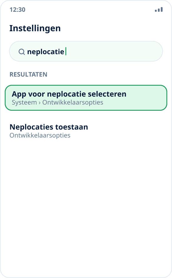 Zoeken in de Android-instellingen: het item ‘App voor neplocatie selecteren’ is gevonden