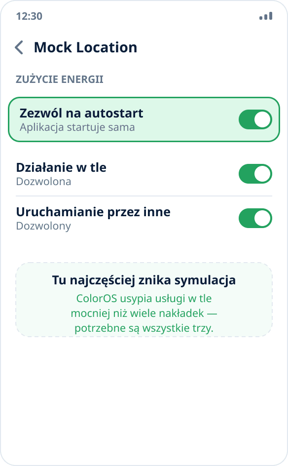 Zarządzanie aplikacją w ColorOS: dozwolony autostart i praca w tle dla Mock Location