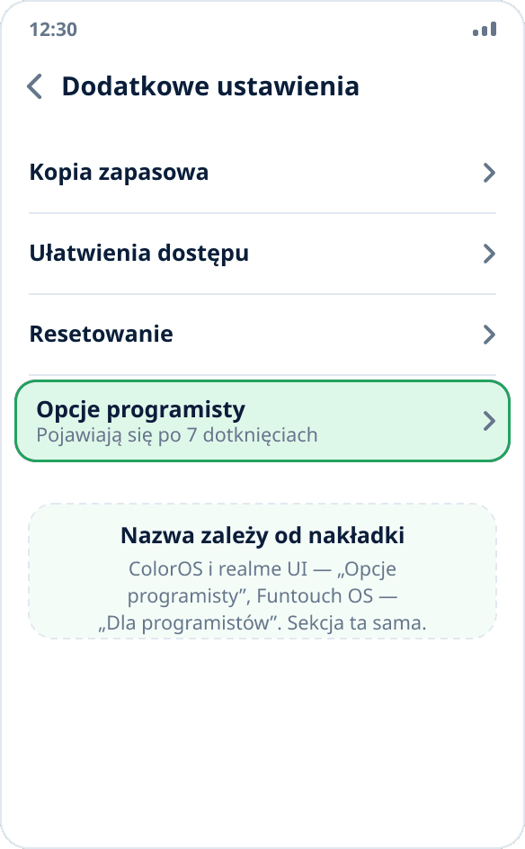 Sekcja „Dodatkowe ustawienia” w ColorOS: „Opcje programisty” na końcu listy