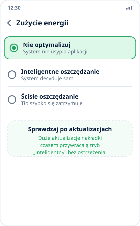 Wybór trybu zużycia energii w ColorOS: dla aplikacji zaznaczono „Nie optymalizuj”