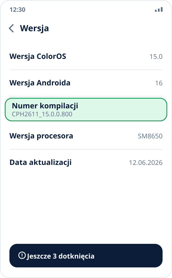 Ekran „Wersja” na realme i OPPO: „Numer kompilacji”, który trzeba dotknąć siedem razy