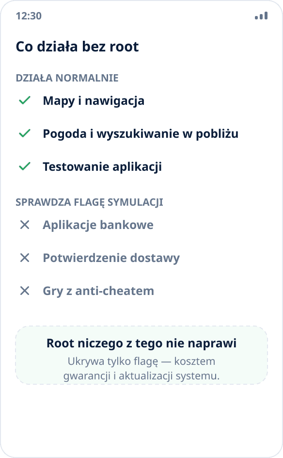 Porównanie scenariuszy: mapy, pogoda i testy działają bez root, aplikacje bankowe i systemy anti-cheat — nie