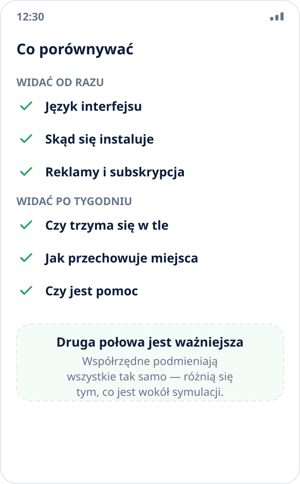 Lista kontrolna wyboru aplikacji do zmiany lokalizacji: język, źródło instalacji, działanie w tle, przechowywanie miejsc, reklamy