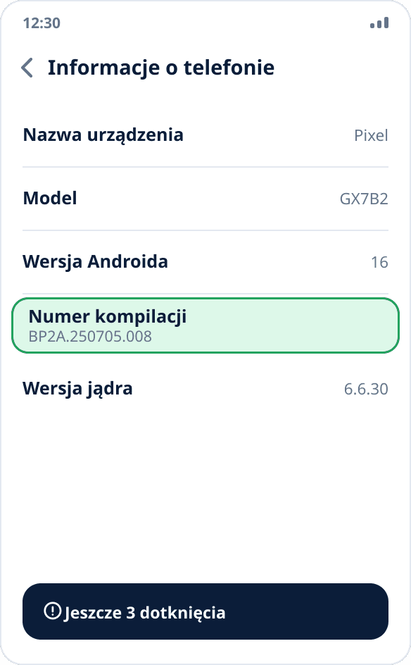 Ekran „Informacje o telefonie” w ustawieniach Androida: wyróżniony „Numer kompilacji”, na dole podpowiedź o pozostałych dotknięciach