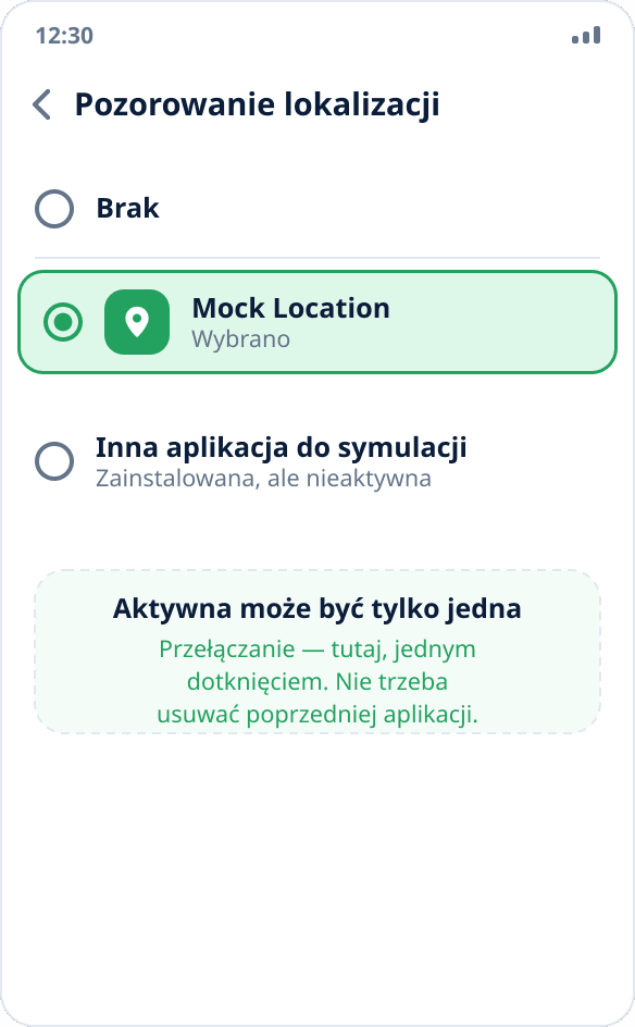 Lista aplikacji do pozorowania lokalizacji: zainstalowane dwie, wybrana jedna — system pozwala na jedną aktywną