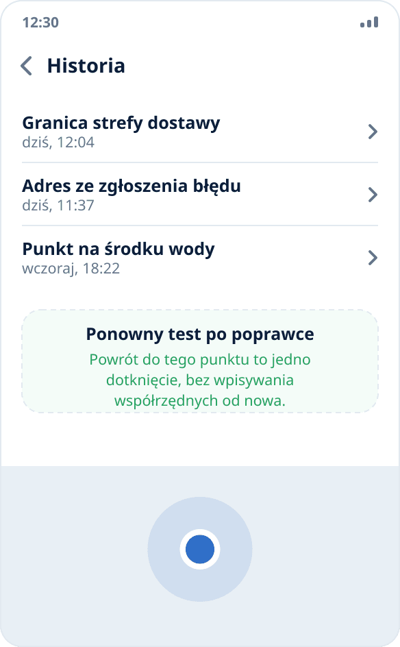 Historia uruchomień w Mock Location: do punktu z poprzedniego testu wrócisz jednym dotknięciem