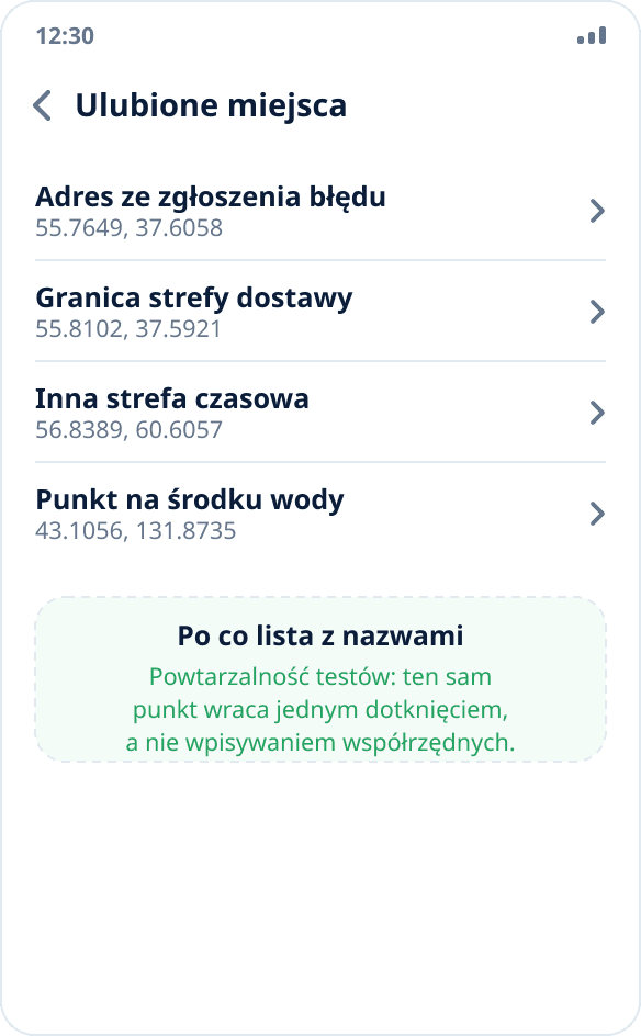 Lista ulubionych miejsc w Mock Location: zestaw punktów referencyjnych do powtarzalnych testów