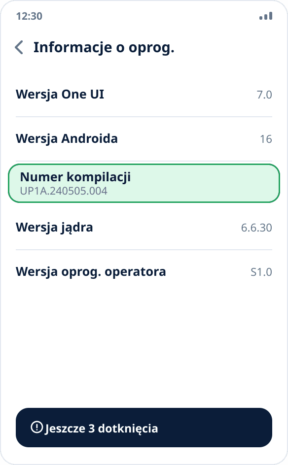 Ekran „Informacje o oprogramowaniu” na Samsungu: wyróżniony „Numer kompilacji”, który trzeba dotknąć siedem razy