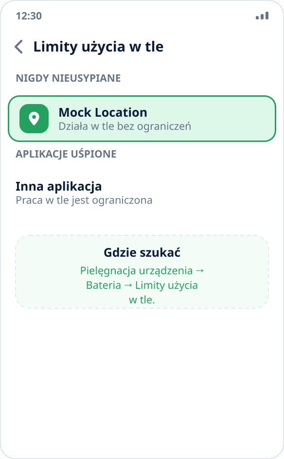 Ustawienia Samsunga: aplikacja Mock Location dodana do listy aplikacji nigdy nieusypianych