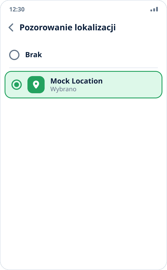 Wybór aplikacji do pozorowania lokalizacji: zaznaczono Mock Location, opcja „Brak” nie jest wybrana