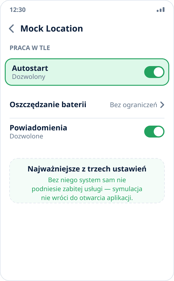 Ekran aplikacji w ustawieniach MIUI: przełącznik „Autostart” jest włączony