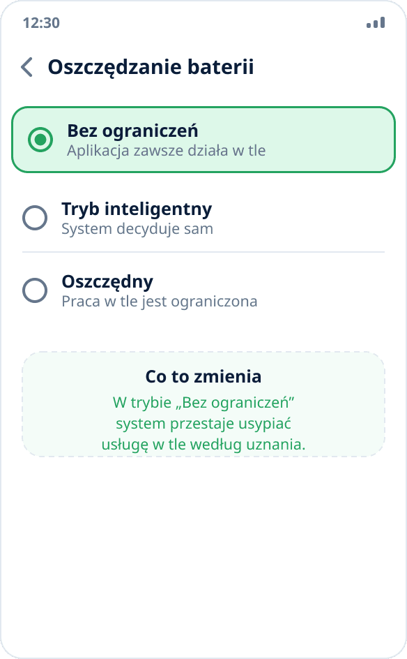 Wybór trybu oszczędzania baterii dla aplikacji: zaznaczono „Bez ograniczeń”