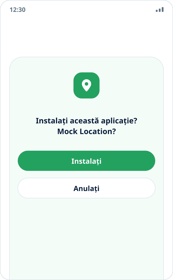 Dialogul de sistem pentru instalarea Mock Location cu butoanele „Instalați” și „Anulați”