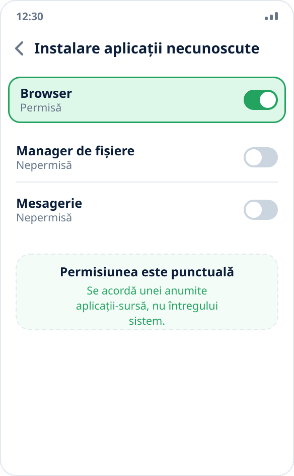 Setările Android: permisiunea „Permiteți din această sursă” este activată pentru browser
