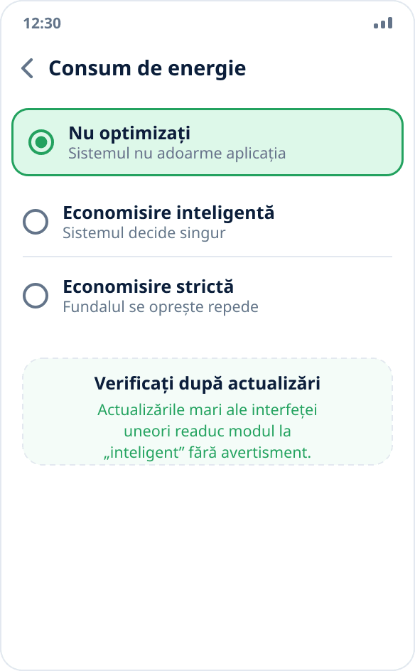 Alegerea modului de consum de energie pe ColorOS: pentru aplicație este bifat „Nu optimizați”