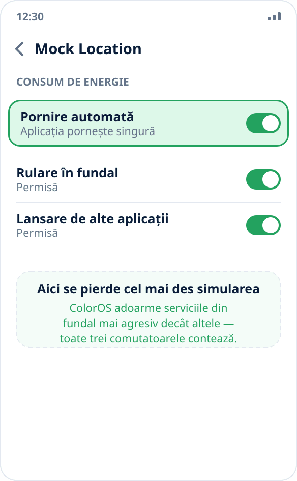 Gestionarea aplicației pe ColorOS: pornirea automată și activitatea în fundal sunt permise pentru Mock Location