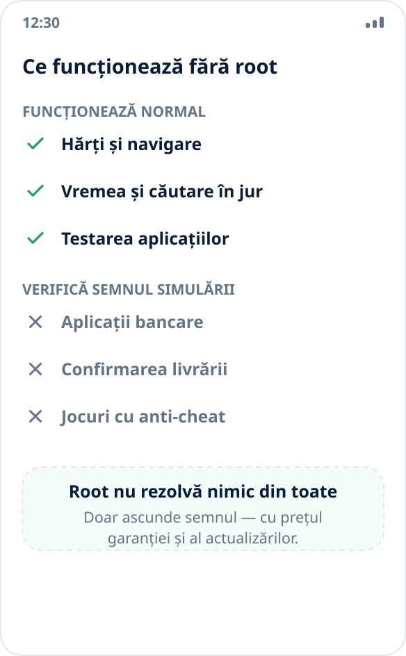 Comparația scenariilor: hărțile, vremea și testarea funcționează fără root, aplicațiile bancare și sistemele anti-cheat — nu